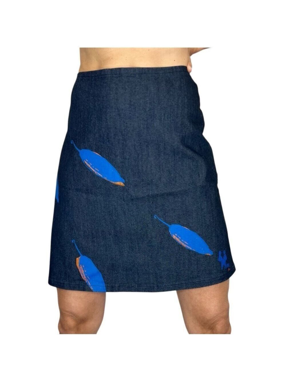 Olga Engelmann Peru hand stamped cacao pod a line dark denim mini skirt